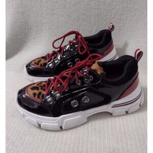 Tommy Hilfiger NIKOS Faux Fur Leopard Patent Leather Chunky Sneakers Women's 9